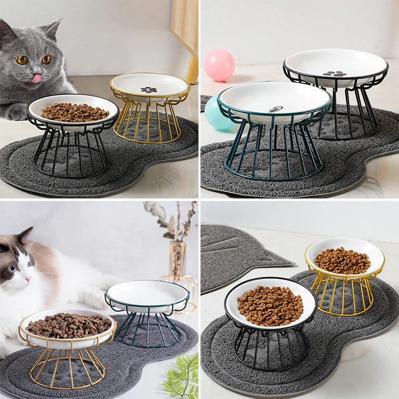 2024 New Pet Ceramic Bowl Iron Rack Cat Food Snacks Canned Plate Anti-Black Chin Anti-Turning Water Does Not Leak Easy To Eat