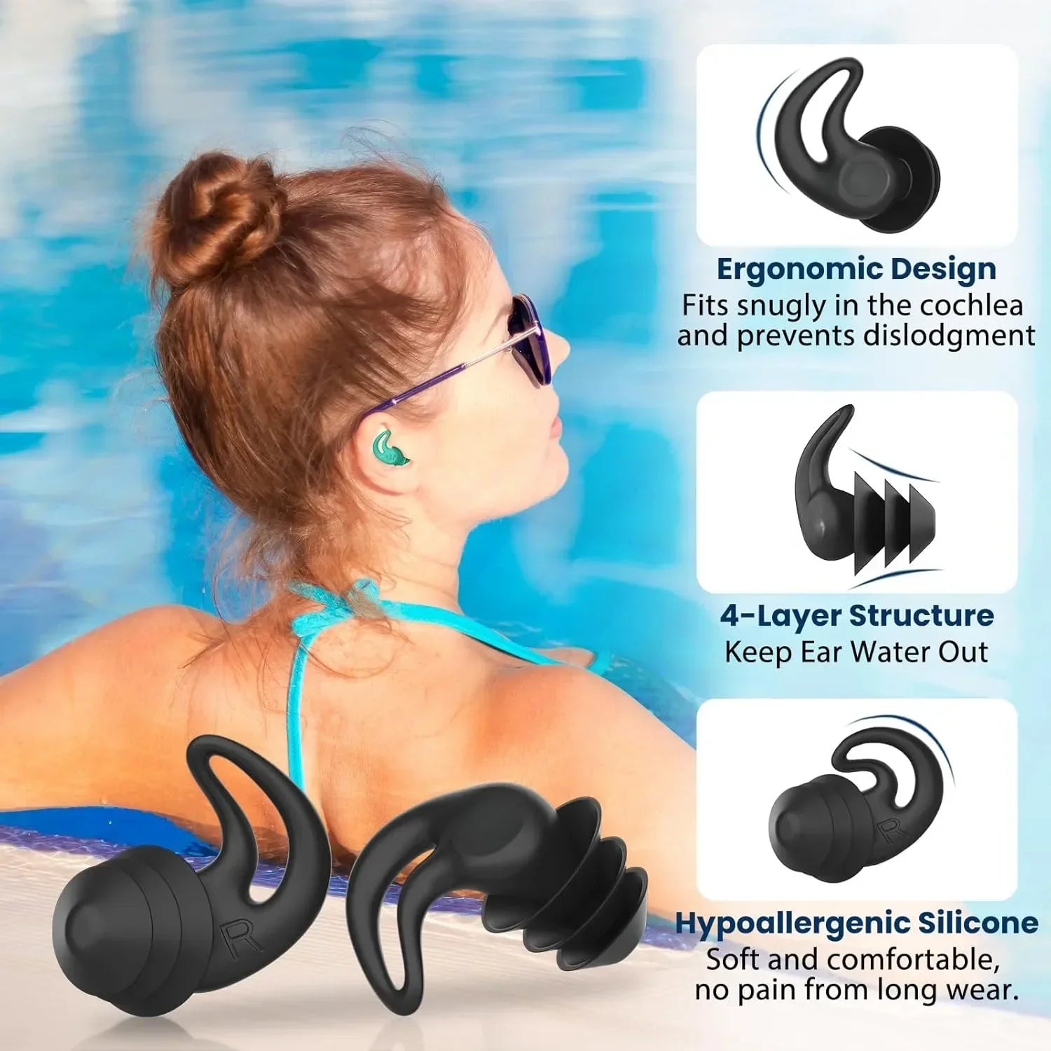 4 pairs of reusable silicone swimming earplugs for men and women to protect their ears from water - You Offer