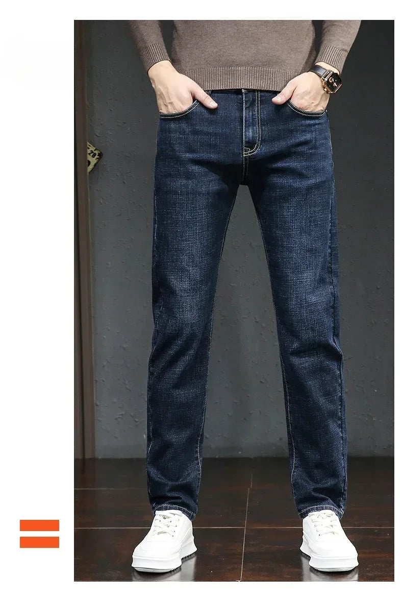 Winter Thickened Warm Male Plush Trousers Brand Clothes Men's Fleece Jeans Straight Slim Stretch Fashion Business Denim Pants - You Offer