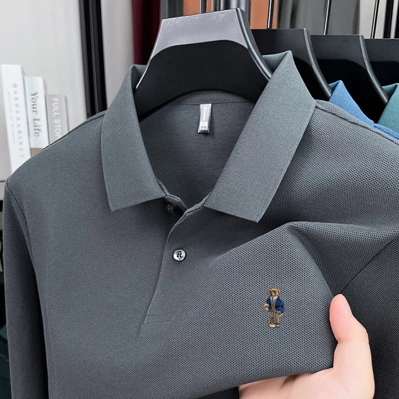 100% pure cotton men's trendy luxury brand autumn long sleeved polo shirt designer teddy bear embroidery business casual T-shirt