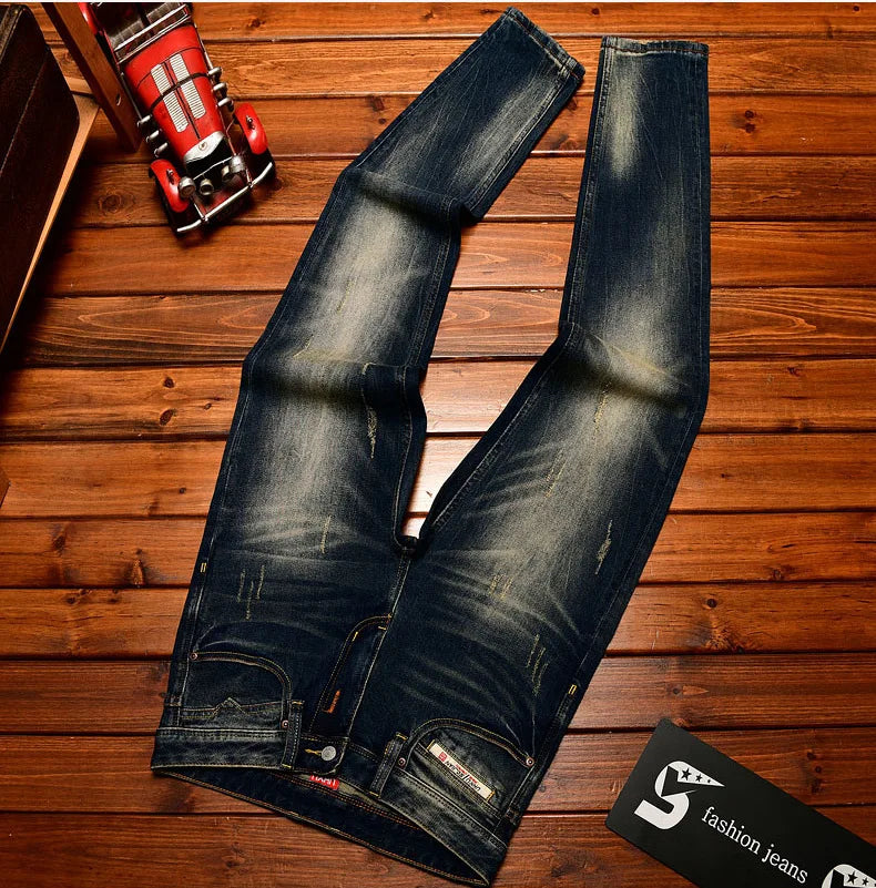 Heavy duty denim washed retro jeans for men 2025 new slim fit small foot elastic trendy brand casual Korean version pants - You Offer
