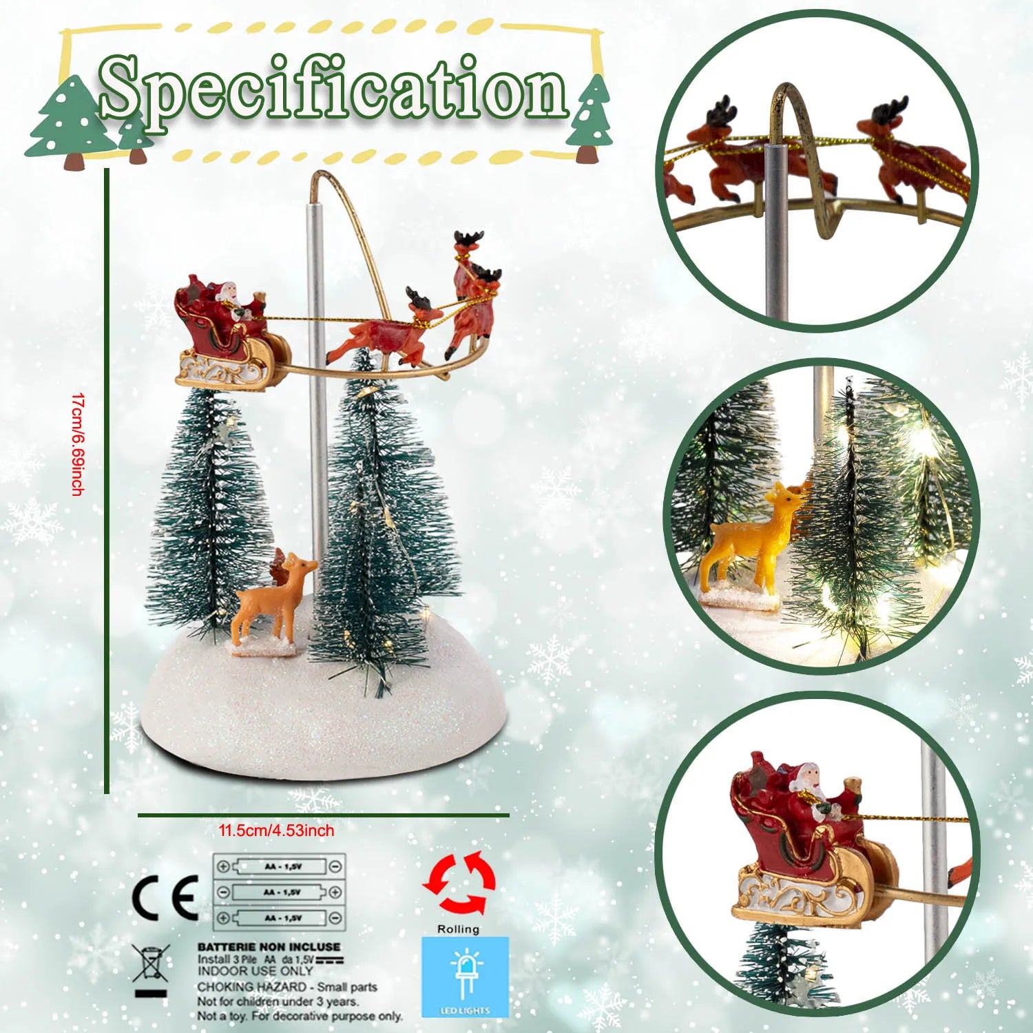 Christmas Village Animated Flying Sleigh Accessory Figurines, Lights Musical with Rotating Santa & Sleigh Holiday Decorations