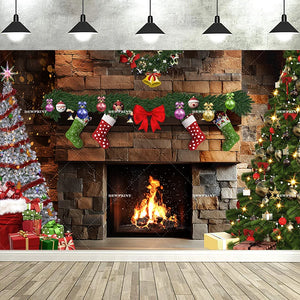 Dewprint Christmas Backdrop Background Banner Fireplace Theme Winter Xmas Tree Indoor Decor Family Holiday Party Portrait Photo