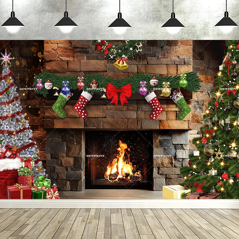Dewprint Christmas Backdrop Background Banner Fireplace Theme Winter Xmas Tree Indoor Decor Family Holiday Party Portrait Photo