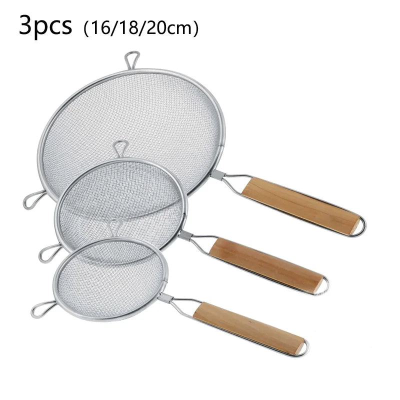 1/3pcs Kitchen baking steel flour sieve kitchen soy milk juice filter sieve filter oil spoon hand-held binaural mesh colander
