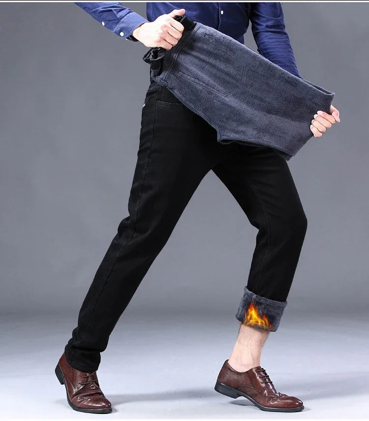 Winter Warm Jeans Men's Thickened Velvet Black Fashion Korean Trousers Plush Velvet Business Casual Straight Denim Pants - You Offer