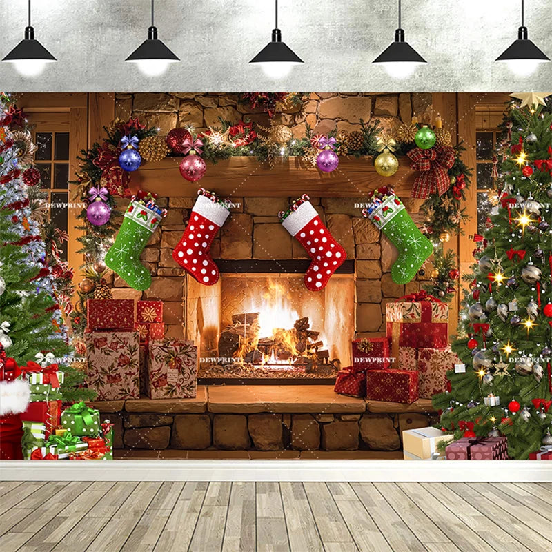 Dewprint Christmas Backdrop Background Banner Fireplace Theme Winter Xmas Tree Indoor Decor Family Holiday Party Portrait Photo