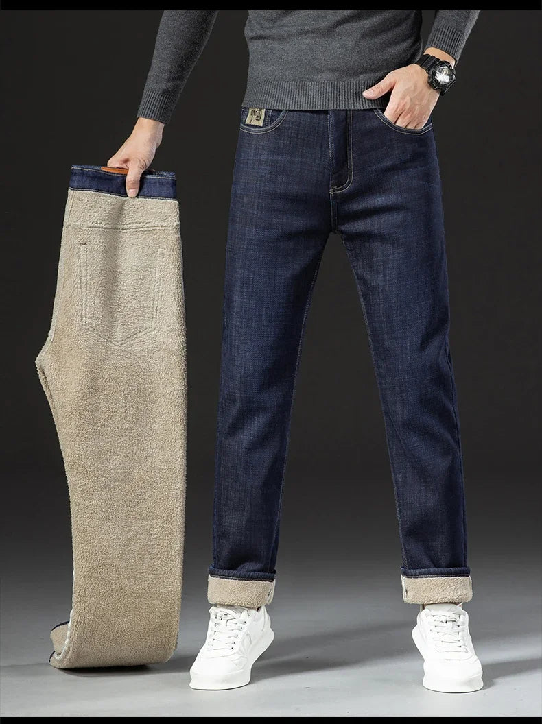 Winter Lamb Fluff Denim Straight Pants Men Thicken Big Size 40 Jeans High Waist Stretch Jeansy Fleece Lined Warm Slim Vaqueros - You Offer