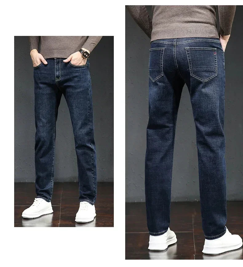 Winter Thickened Warm Male Plush Trousers Brand Clothes Men's Fleece Jeans Straight Slim Stretch Fashion Business Denim Pants - You Offer