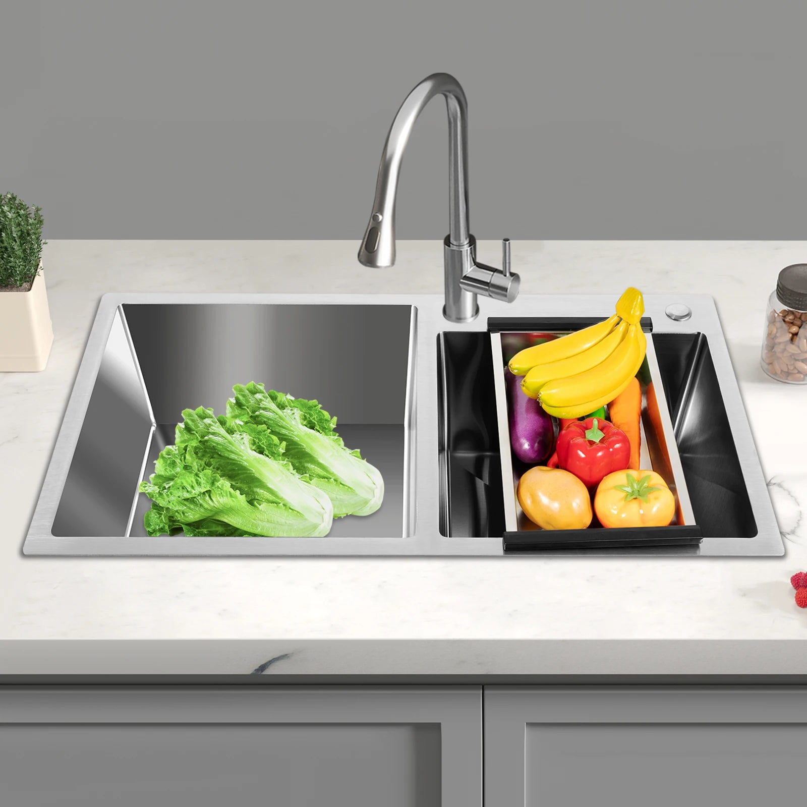 Double Basin Stainless Steel Sink w/ Drainer 30L+23L Capacity 201 Grade, Bathroom Kitchen Accessories Household Items - You Offer