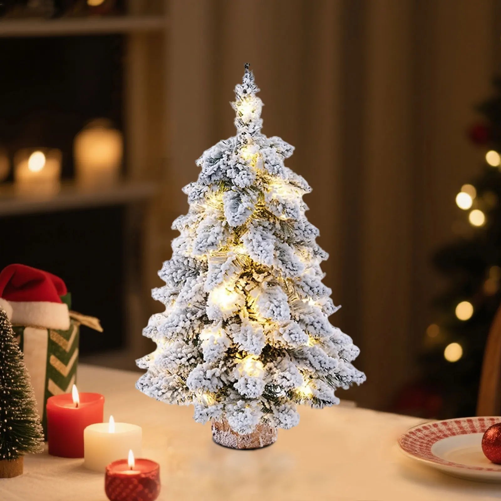 Mini Fake Christmas Tree Sculpture Snow Flocked Christmas Tree Plush Tree Enthusiast with LED Lights for Christmas Themed Partie