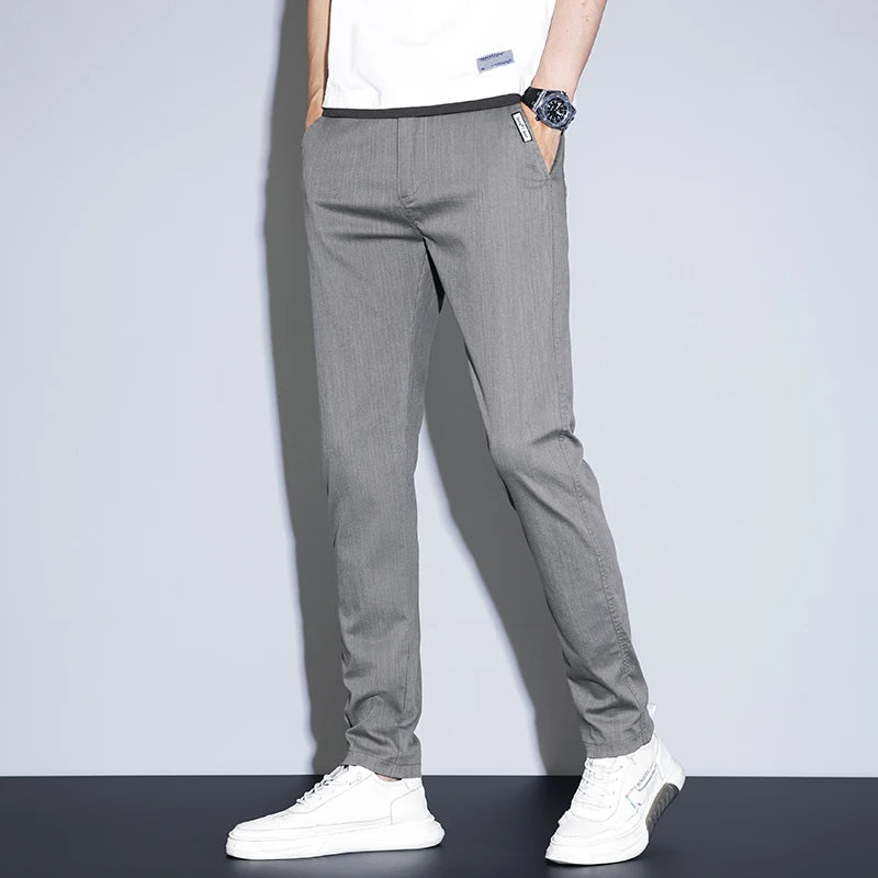 Spring Summer Classic Men's Casual Pants Stretch Slim Business Cotton Trousers Fashion Zippered Pocket Thin Men Pants Korean - You Offer