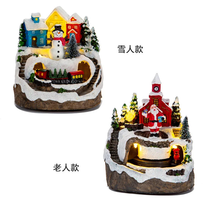 Christmas House Village Electric Music Box Glowing Christmas Snow Village Santa Claus House Miniature Ornaments Xmas Decor