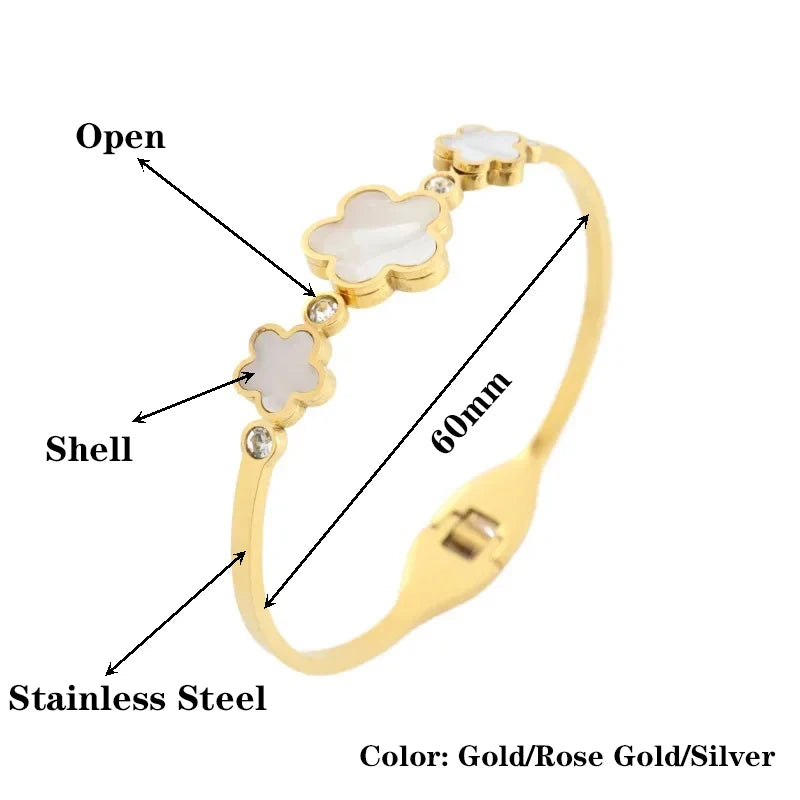 Simple Stainless Steel White Shell Five Leaf Flower Bangle Classic Clover Wrist Jewelry Luxury for Woman Party Jewelry Gift - You Offer