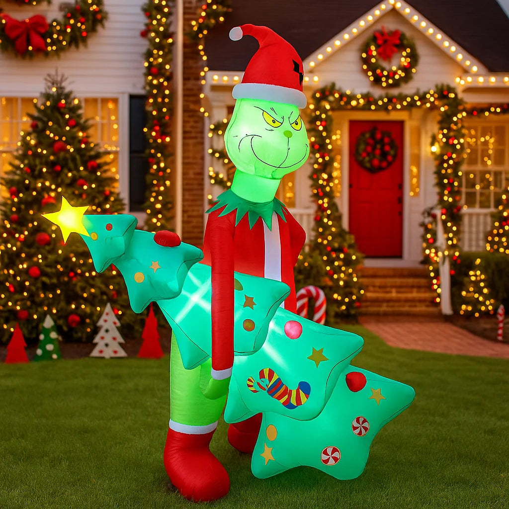 2.1M/6.8FT Inflatable Grinch Holding Christmas Trees Light LED Home Holiday Lighting Decor Yard Xmas Supplies Outdoor Ornament