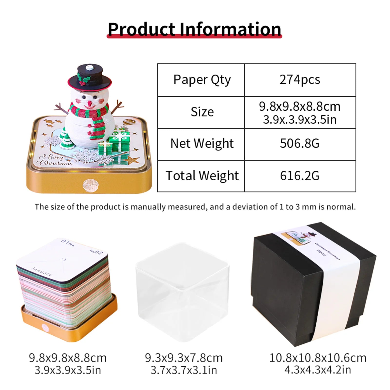 Desk Time Piece Calendar 2026 Desk Calendar With Light 3D Tear-away Calendar Paper Carving Art Memo Pad Notepad Christmas