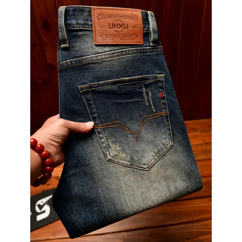 Heavy duty denim washed retro jeans for men 2025 new slim fit small foot elastic trendy brand casual Korean version pants - You Offer