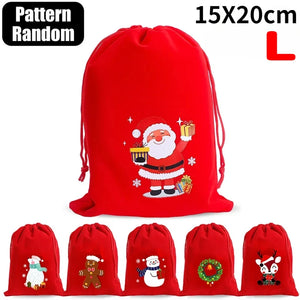 Christmas Drawstring Bags Velvet Cartoon Santa Claus Snowman Candy Snakcs Gifts Bags for Xmas Tree Party Home Packaging Pouches
