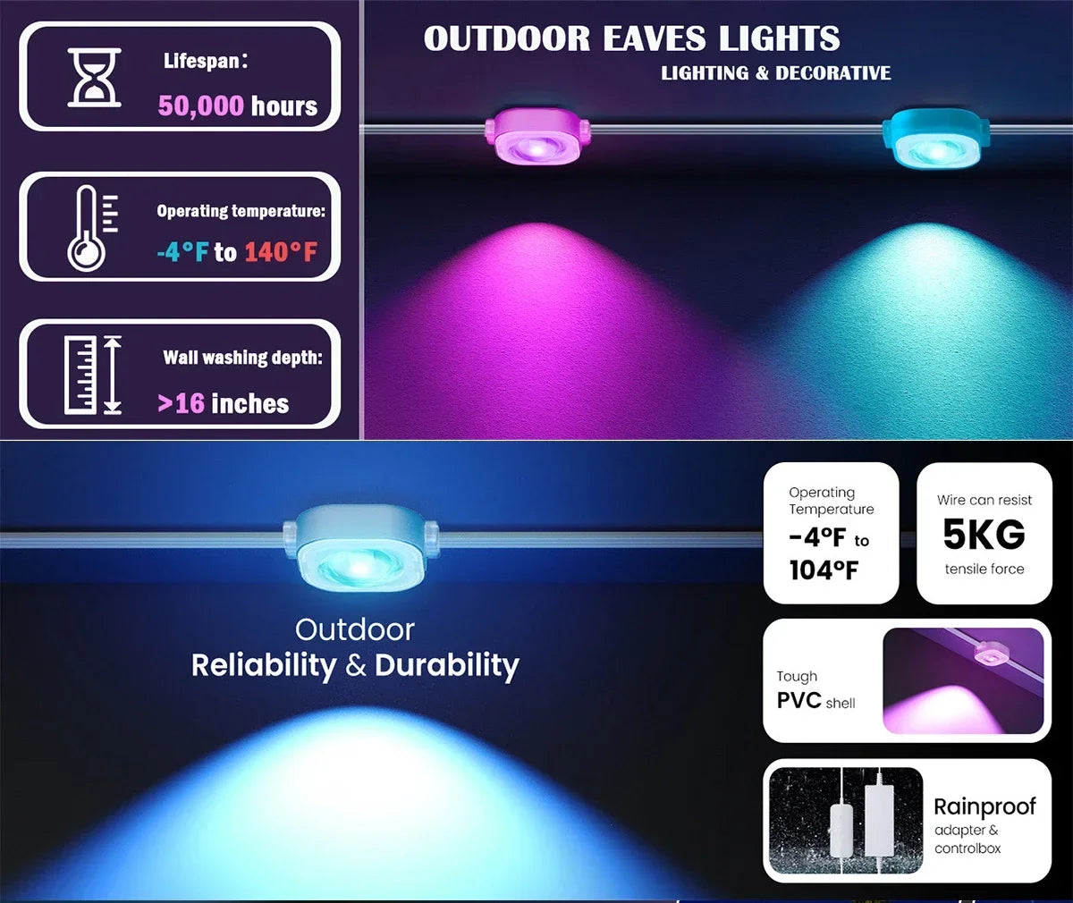 100FT 60 LEDs Permanent Outdoor Lights Smart RGBIC Eaves LED Lights Festival Flashing Lighting Fairy String  Holiday Lighting