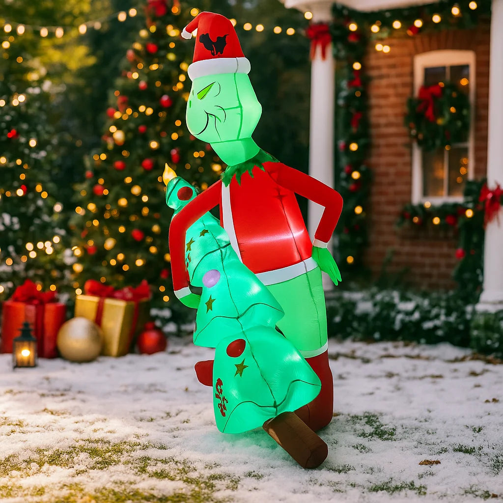 2.1M/6.8FT Inflatable Grinch Holding Christmas Trees Light LED Home Holiday Lighting Decor Yard Xmas Supplies Outdoor Ornament