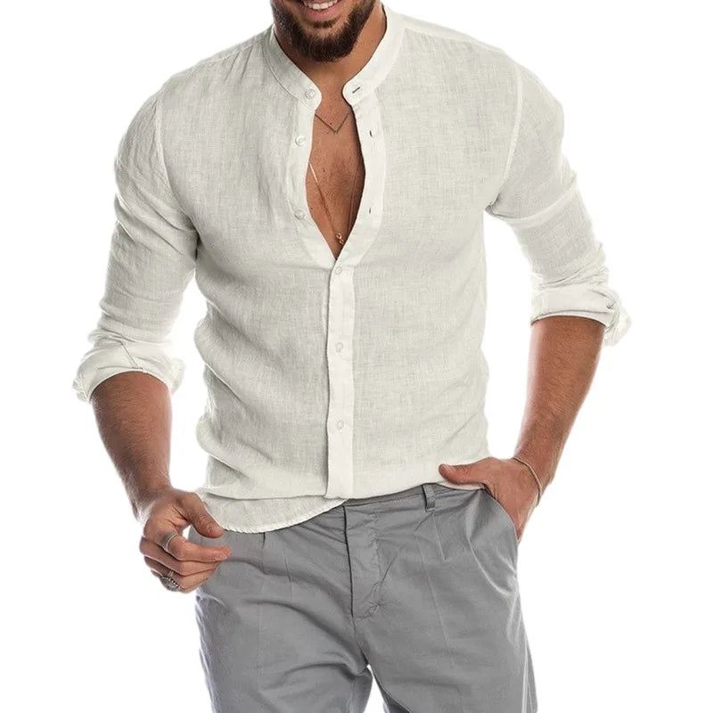 Male Casual Cotton Linen Shirts Long Sleeve Stand Collar Shirts Man Solid Social Shirt Blouses Formal Soccer Top Men Clothing