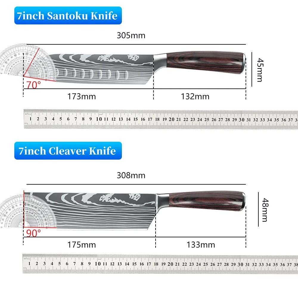 Chef knife 1-10Pcs Set Laser Damascus Pattern Kitchen Knives Sharp Japanese Santoku Slicing Utility Knife Cleaver Boning Knives - You Offer