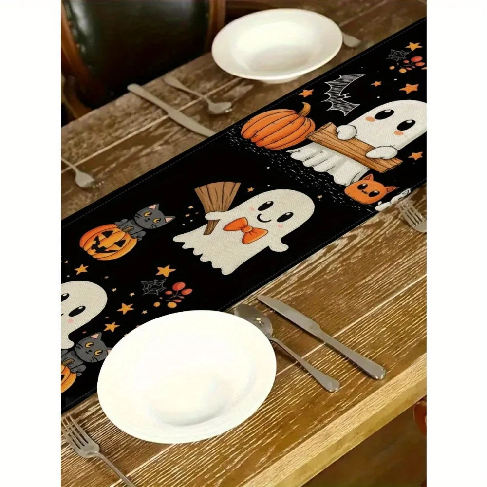 1pc Halloween Table Runner - Cute Little Pumpkin Design with Bats, Jack-O'-Lanterns & Spiders, Halloween Decorations