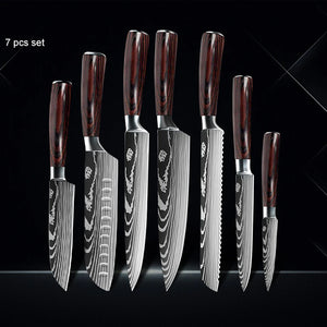 Chef knife 1-10Pcs Set Laser Damascus Pattern Kitchen Knives Sharp Japanese Santoku Slicing Utility Knife Cleaver Boning Knives - You Offer
