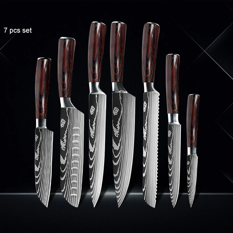 Chef knife 1-10Pcs Set Laser Damascus Pattern Kitchen Knives Sharp Japanese Santoku Slicing Utility Knife Cleaver Boning Knives - You Offer
