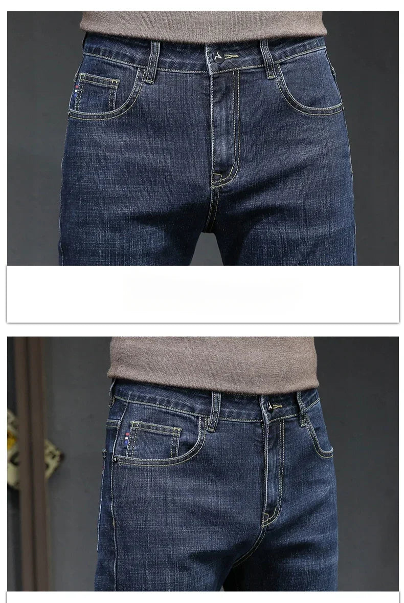 Winter Thickened Warm Male Plush Trousers Brand Clothes Men's Fleece Jeans Straight Slim Stretch Fashion Business Denim Pants - You Offer