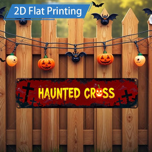 1pc 8x12inch Metal Sign Haunted Cross Halloween Sign - Spooky Pumpkin & Bat Decor for Yard