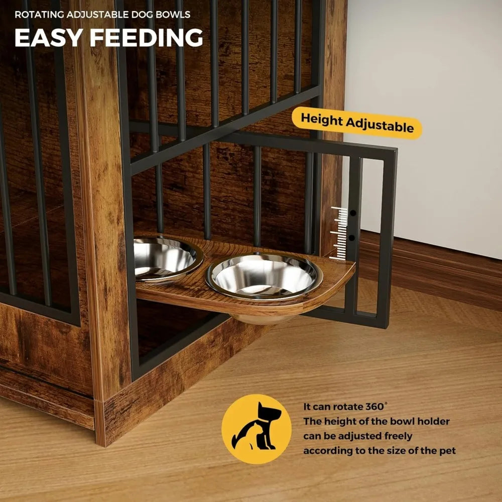 63" Double Dog Crate Furniture – Wooden Dog Kennel Indoor with Sliding Doors, Adjustable Bowls & Storage Drawers – Large Dog