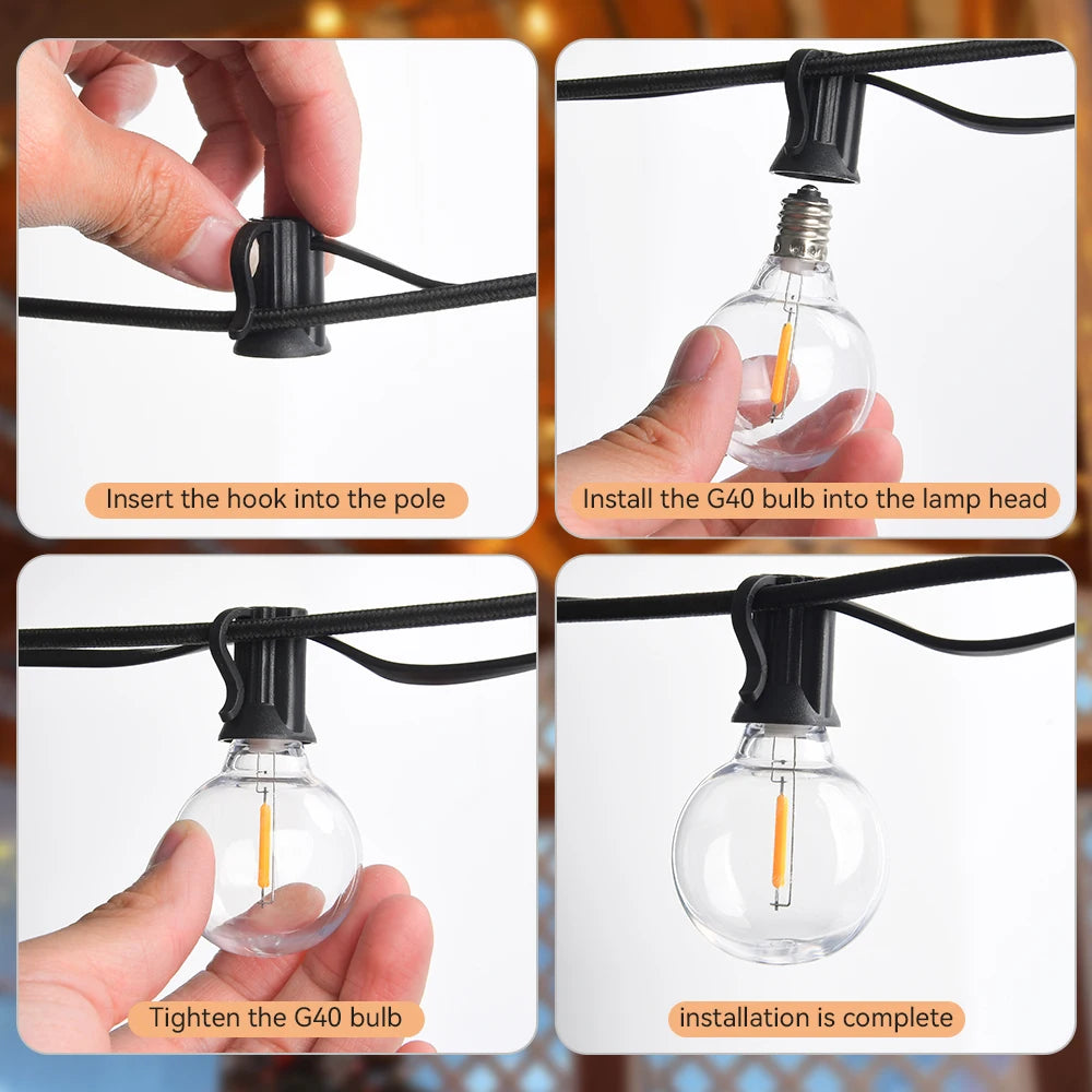 G40 LED 36 m outdoor string light with 64 plastic bulbs Attachable outdoor string light for gardens, weddings, parties, terraces