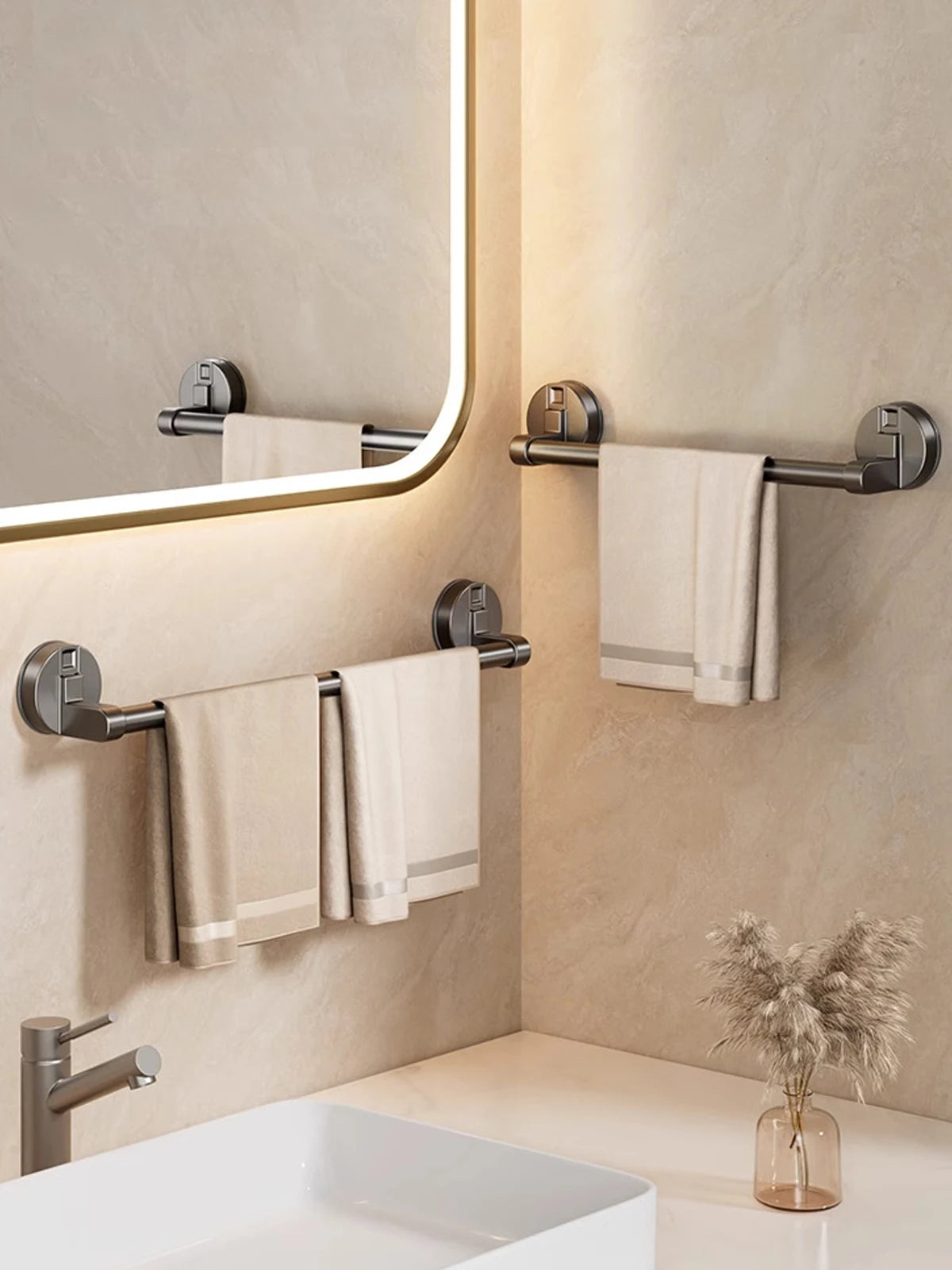 Suction Cup Bathroom Hand Towel Rack Towel Holder Wall Mount No Drill Mount 30/40/50cm Towel Bar Double Bar 2 Tier Apartment