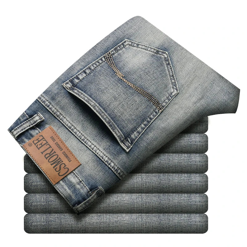 High-end Light Luxury Brand Jeans Men's Retro Slim Fit Straight Versatile Casual Gray Trousers Autumn and Winter Thick Jeans - You Offer