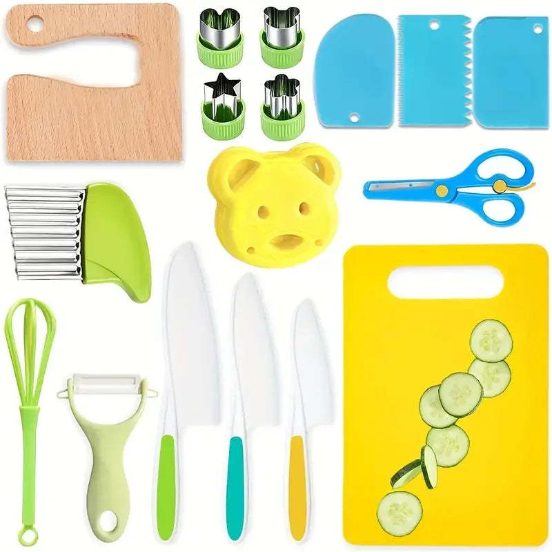 17PCS Kids Cooking Sets Real Cooking Montessori Kitchen Toys for DIY Plastic Kitchen Accessories Tools Toddlers Kids Safe Knives - You Offer