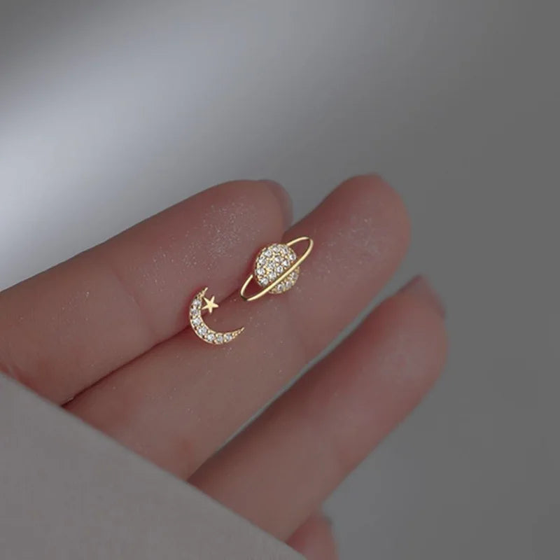 Simple Zircon Star Moon Planet Stud Earrings for Women Gold/Silver Color Asymmetry Ear Pendants Fashion Jewelry - You Offer