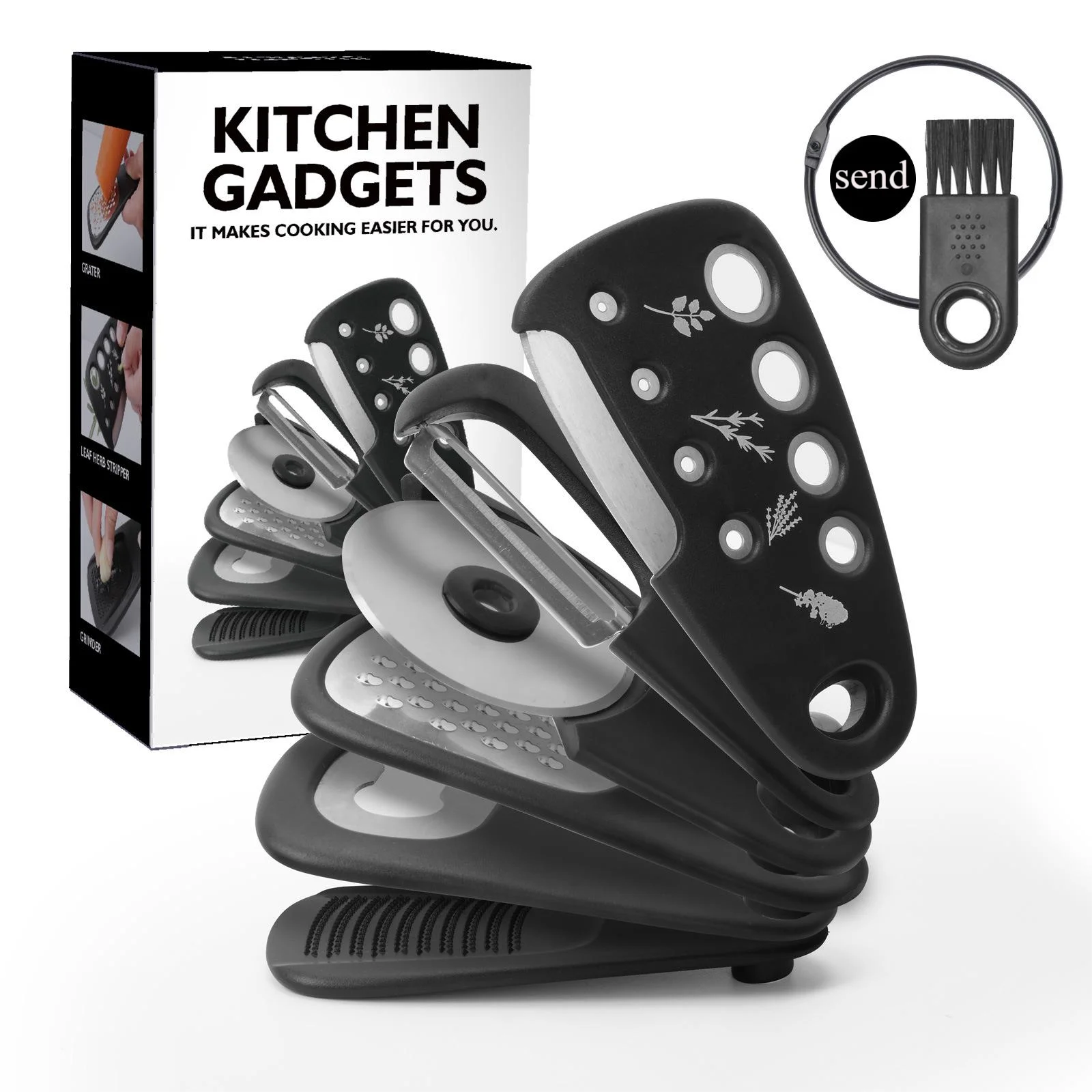 6 - in - 1 Stackable Kitchen Gadget Set | Peeler, Cheese Grater, Garlic Grinder, Bottle Opener, Pizza Cutter, Herb Cutter