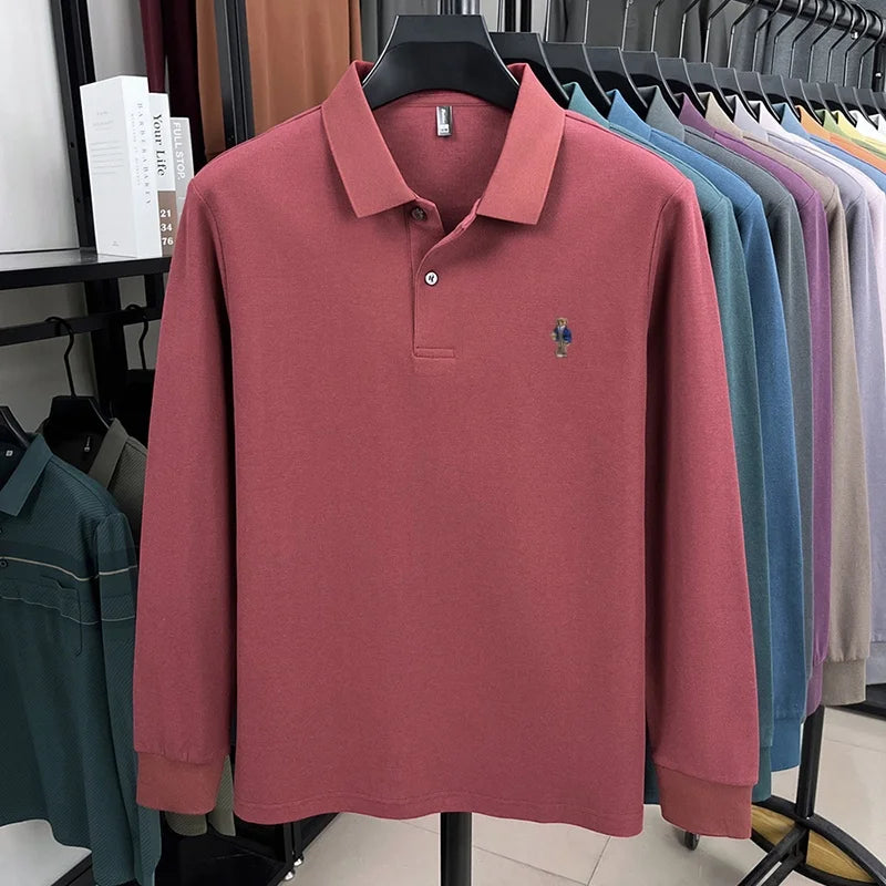 100% pure cotton men's trendy luxury brand autumn long sleeved polo shirt designer teddy bear embroidery business casual T-shirt