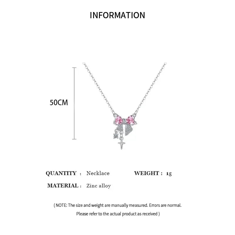 Fashion Fairy Pink Crystal Bow Knot Pendant Necklaces Y2K Girls Sweet Rhinestone Heart Clavicle Chain Women Jewelry Gifts - You Offer