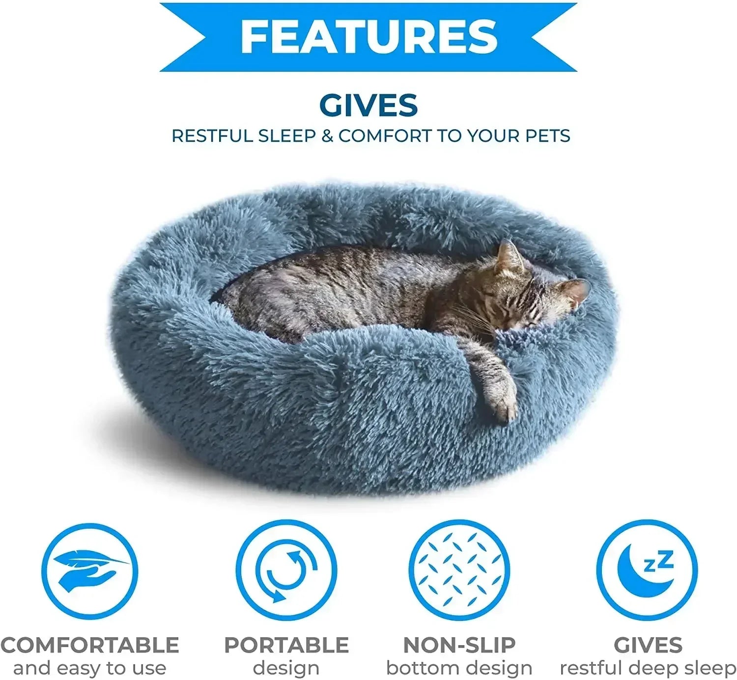 Round Plush Pet Bed - Self Warming Kennel, Machine Washable Mat with Non-Slip Bottom, Soft Cushion House Bed for Cats Dogs