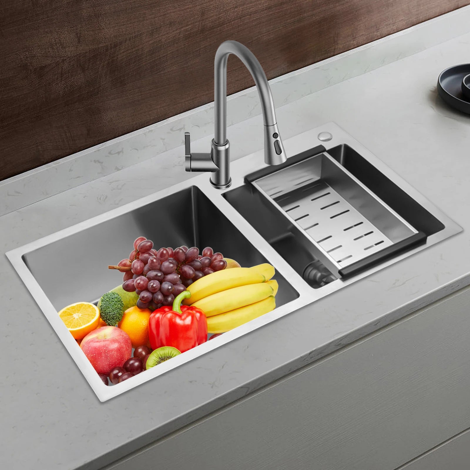 Double Basin Stainless Steel Sink w/ Drainer 30L+23L Capacity 201 Grade, Bathroom Kitchen Accessories Household Items - You Offer