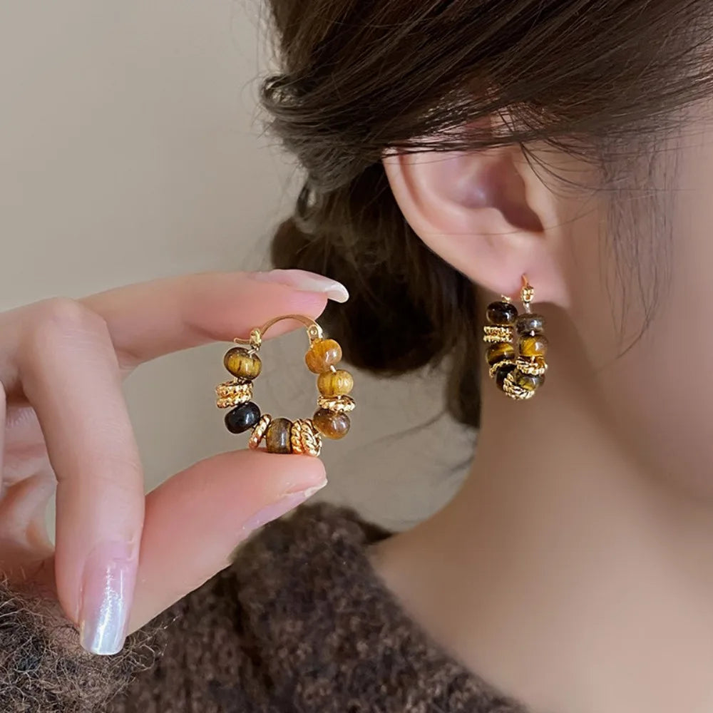 Temperament Vintage Brown Enamel Zircon Hoop Earrings for Women Exquisite Stainless Steel Beaded Wedding Bride Jewelry Accessory - You Offer