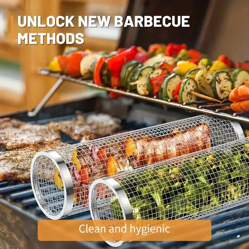 BBQ Basket Stainless Steel Rolling Grilling Basket Wire Mesh Cylinder Grill Basket Portable Round Outdoor Camping Barbecue Rack - You Offer