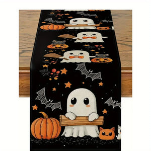 1pc Halloween Table Runner - Cute Little Pumpkin Design with Bats, Jack-O'-Lanterns & Spiders, Halloween Decorations