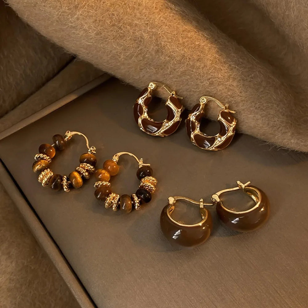 Temperament Vintage Brown Enamel Zircon Hoop Earrings for Women Exquisite Stainless Steel Beaded Wedding Bride Jewelry Accessory - You Offer