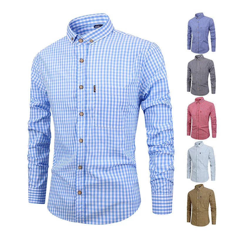 American size 100% cotton men's long sleeve shirt plaid non-ironing casual high quality breathable plus size slim fit