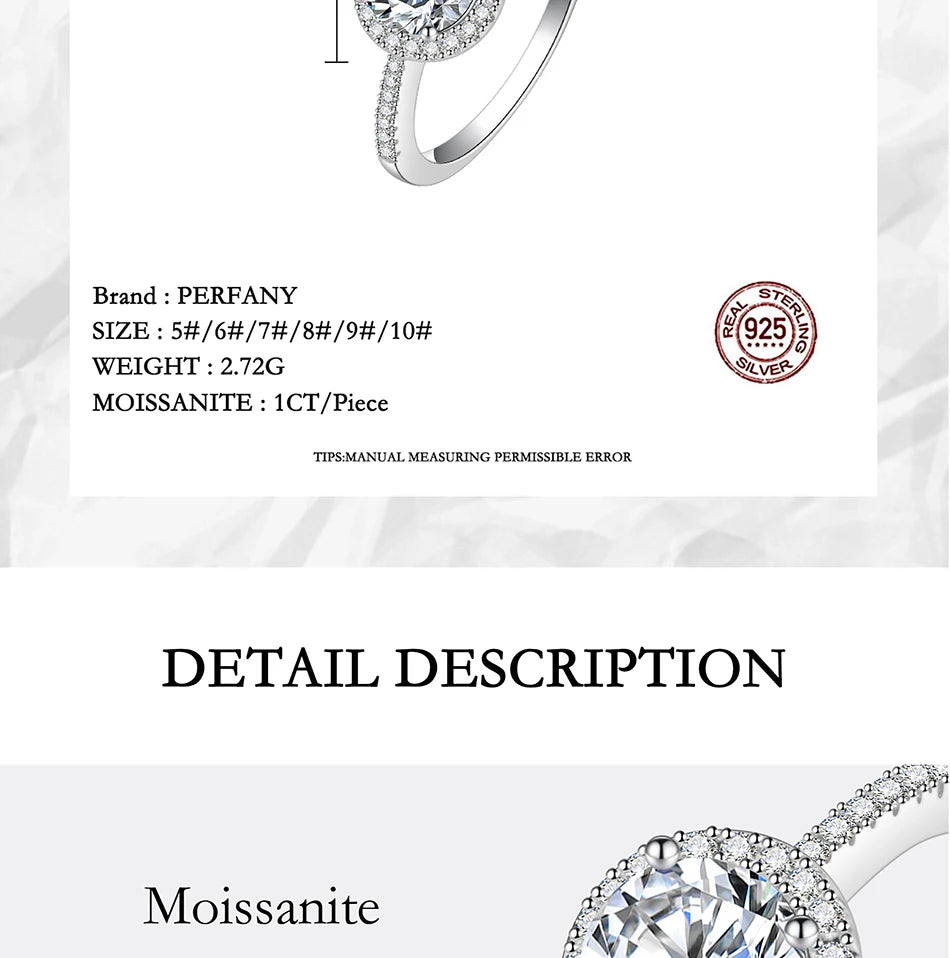 PERFANY Moissanite Ring For Women S925 Pure Silver Plated 18K White Gold Round Diamond Proposal Wedding High-end Jewelry - You Offer