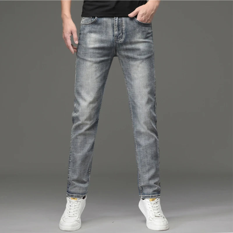 High-end Light Luxury Brand Jeans Men's Retro Slim Fit Straight Versatile Casual Gray Trousers Autumn and Winter Thick Jeans - You Offer
