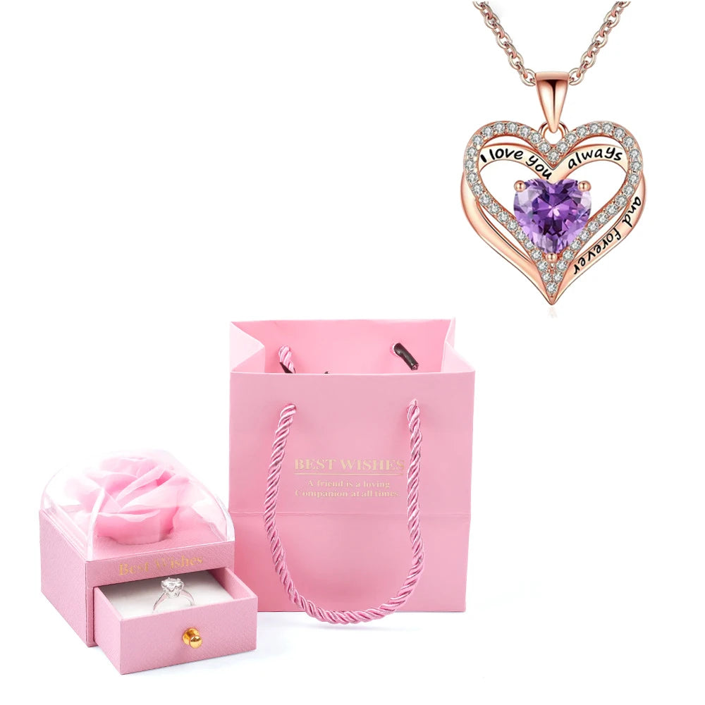 Heart Pendant Necklaces For Women With Rose Flower Gift Box Girlfriend Mother Family Birthday Fashion Romantic Surprise Gifts - You Offer